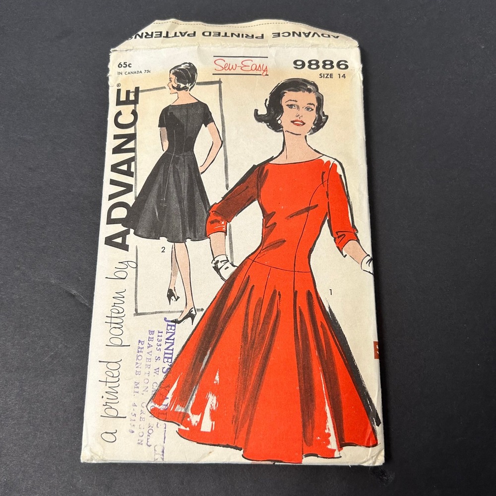 Vintage 60's Advance 9886 Sewing Pattern Misses Size 14 Fit and Flare Dress